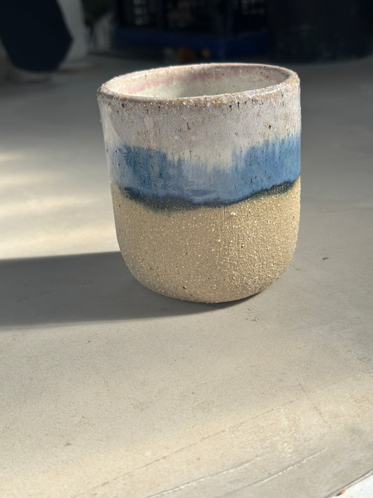 Pink, blue ceramic mug